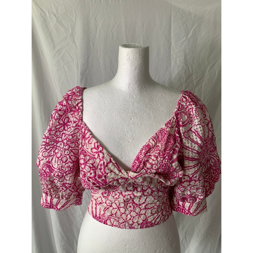 Maeve by Anthropologie Pink Floral Puff Sleeve Tie Back Crop Top Medium